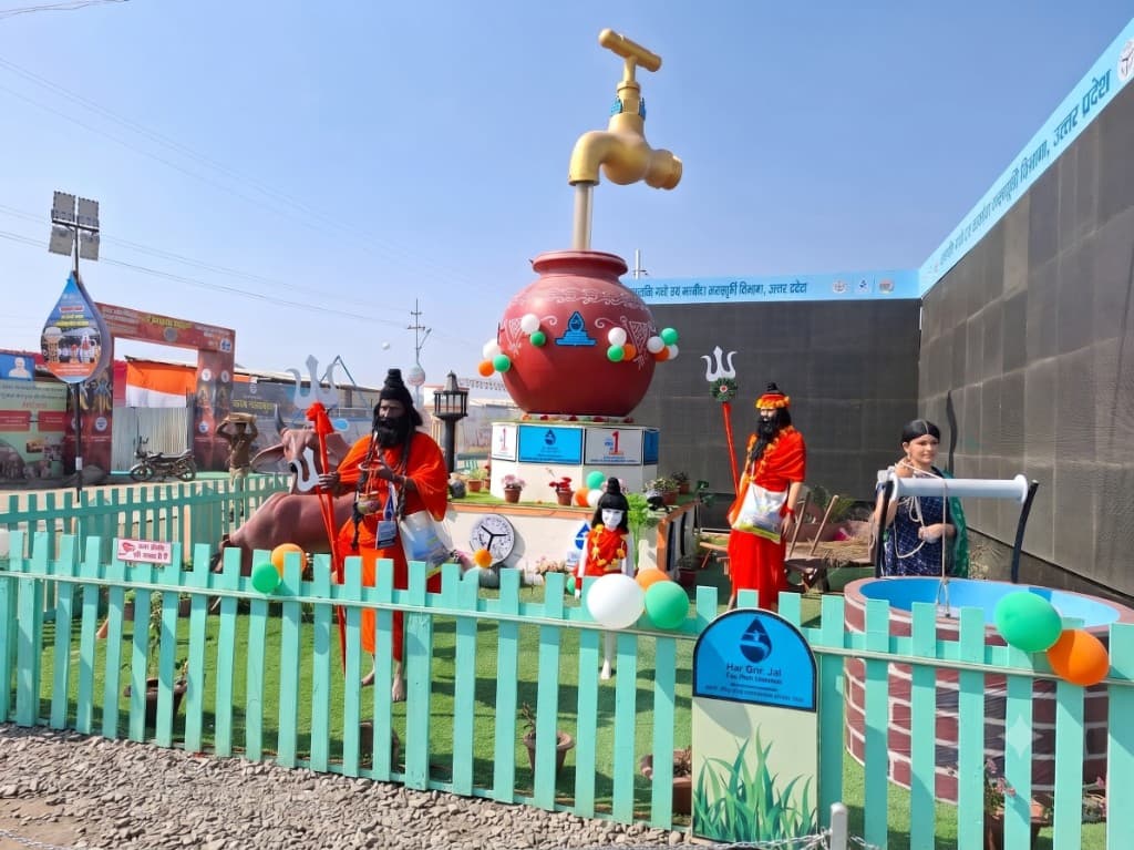 Water conservation awareness display with cultural theme elements